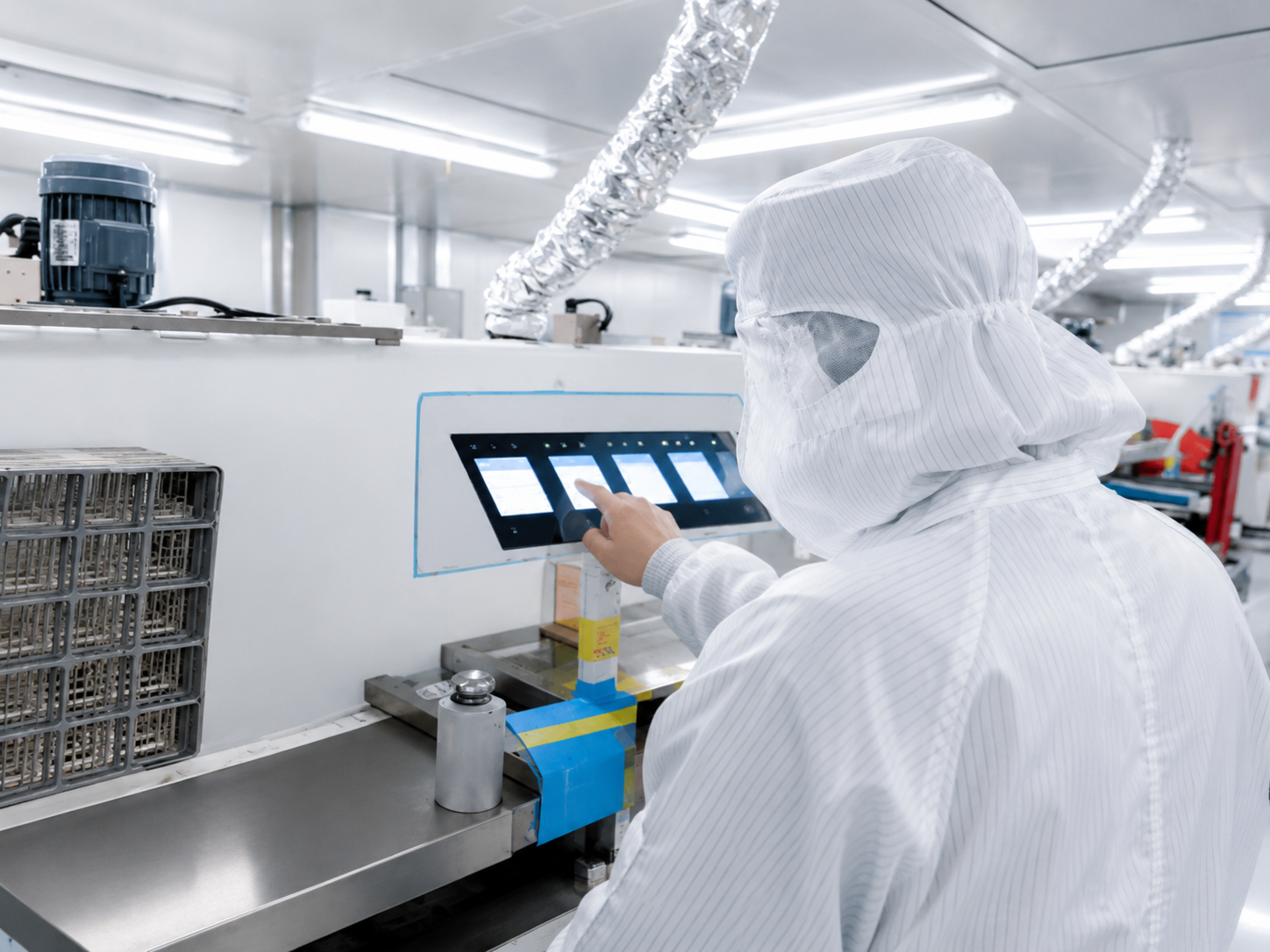 An operator in a full cleanroom suit at the process line controls