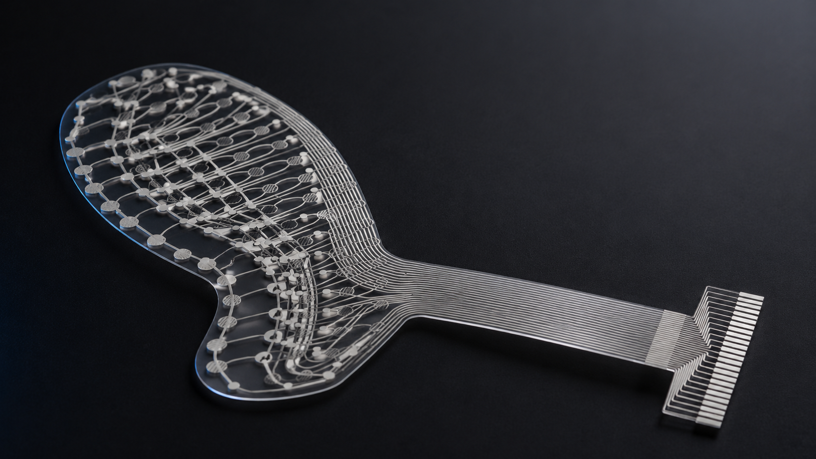 A silver-printed flexible circuit, rim-lit on black