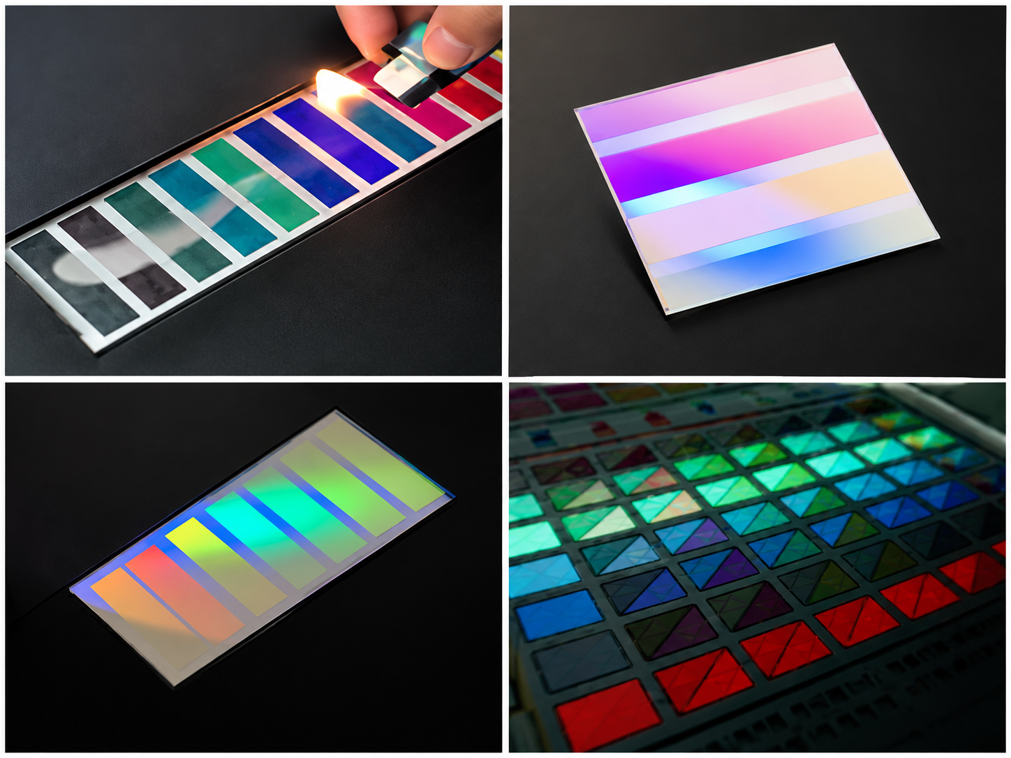 Four views of printed colour capability — swatch tests, gradient panels and a macro of printed colour cells