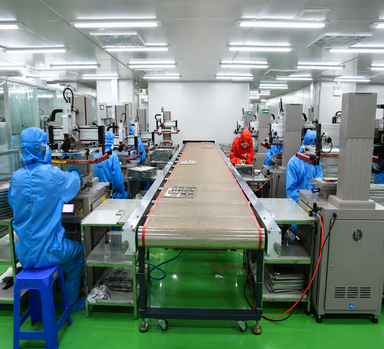 Operators in cleanroom suits along a production conveyor at Fantomatic